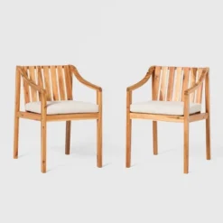 Saracina Home 2pk Mid-Century Modern Slatted Outdoor Acacia Arm Chairs With Cushions -Saracina Home GUEST 0016f698 7c55 460b bf1f 8be1b164e811