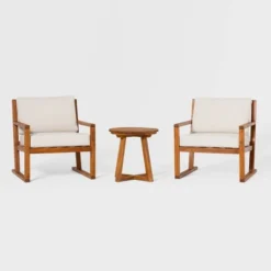 Saracina Home 3pc Modern Slat-Back Acacia Outdoor Conversation Set With Cushions -Saracina Home GUEST 051bd24b e509 42d0 a30a 0bac2d263977