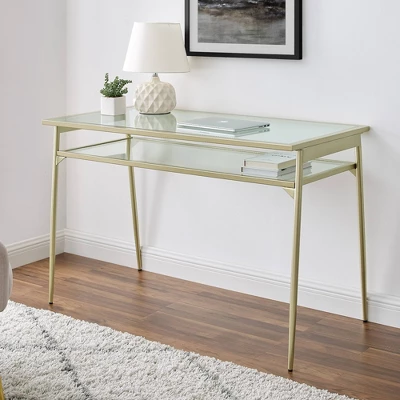 Modern 2 Tier Glass Top Writing Desk with Metal Legs Gold - Saracina Home Modern 2 Tier Glass Top Writing Desk With Metal Legs Gold - Saracina Home -Saracina Home GUEST 1a953f64 7bd3 4293 8da0 ce1dd422e131