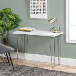 Gibby Modern Glam Hairpin Leg Writing Desk Faux White Marble - Saracina Home