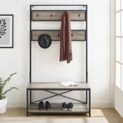 72" Industrial Farmhouse Metal And Wood Hall Tree Gray Wash - Saracina Home -Saracina Home GUEST 4d472d80 59c1 42fa 9d8e 29156a81b82d