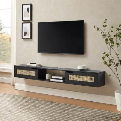 Modern Boho Floating TV Stand for TVs up to 80" with Rattan Doors Black - Saracina Home Modern Boho Floating TV Stand For TVs Up To 80" With Rattan Doors Black - Saracina Home -Saracina Home GUEST 50cc7cf4 fd0b 4d97 938d 63d8605d0385