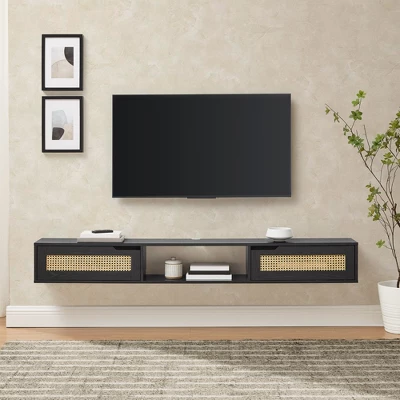 Modern Boho Floating TV Stand for TVs up to 80" with Rattan Doors Black - Saracina Home Modern Boho Floating TV Stand For TVs Up To 80" With Rattan Doors Black - Saracina Home -Saracina Home GUEST 58fdc6f0 e9b9 4082 a662 323e7f55b413