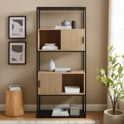 75" Modern Reeded Door Storage Bookshelf Coastal Oak/Black - Saracina Home -Saracina Home GUEST 5ca6ae9b f1ce 40c2 b0c7 96e39e5250ee