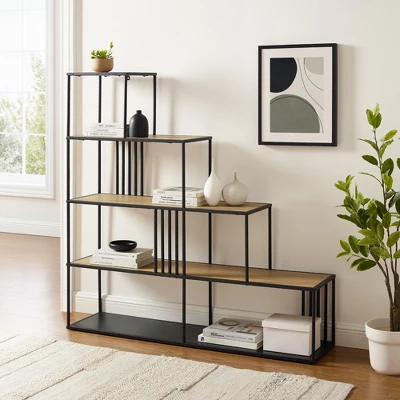 55.5" Modern 4 Shelf with Metal Bar Room Divider Bookcase Coastal Oak/Black - Saracina Home 55.5" Modern 4 Shelf With Metal Bar Room Divider Bookcase Coastal Oak/Black - Saracina Home -Saracina Home GUEST 71d9f044 a019 4b83 b8c8 118205910759
