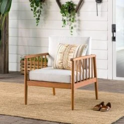 Saracina Home Modern Boho Eucalyptus Outdoor Spindle Arm Chair With Cushions