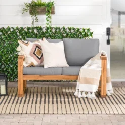 Galia Square Leg Acacia Wood Patio Loveseat With Cushions - Brown - Saracina Home -Saracina Home GUEST 83499b4c 7af6 4677 b9b7 2250ee9b30a1