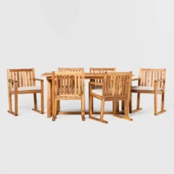 Saracina Home 7pc Modern Slatted Acacia Outdoor Dining Set With Trapezoid Legs -Saracina Home GUEST 9889baa9 16cd 49e5 96b0 15f22df1dab4