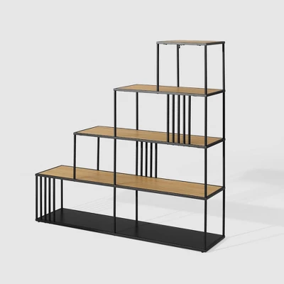 55.5" Modern 4 Shelf with Metal Bar Room Divider Bookcase Coastal Oak/Black - Saracina Home 55.5" Modern 4 Shelf With Metal Bar Room Divider Bookcase Coastal Oak/Black - Saracina Home -Saracina Home GUEST b0dd5f61 84fc 4575 9f0d 8fd93ec26adc