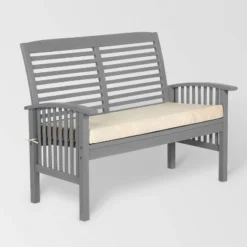 Ravenscroft Modern Boho Acacia Wood Slatted Outdoor Loveseat With Cushion - Saracina Home -Saracina Home GUEST d34b2324 8da3 44de b35e 2463e261fae8