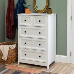 Saracina Home 32 Farmhouse 5 Drawer Grooved Tall Storage Dresser White - Saracina Home