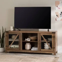 Clarabelle Transitional Glass Barn Door TV Stand For TVs Up To 65" - Saracina Home